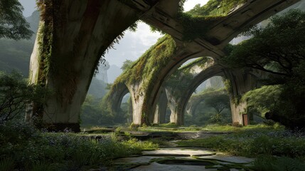 Naklejka premium Futuristic Ruins Overtaken by Nature in a Serene Landscape