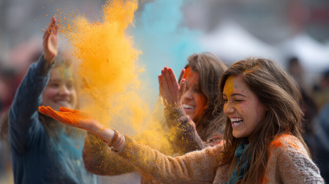 Happy women throw colorful powder during vibrant Holi festival - Powered by Adobe