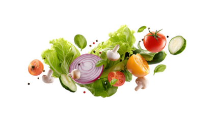 Fresh salad featuring a mix of vegetables including lettuce, tomato, cucumber, and more