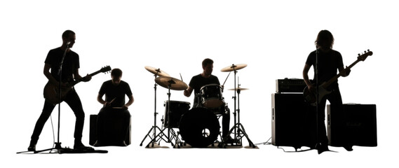 Silhouetted Rock Band with Guitarist Drummer and Bassist cutout isolated on transparent bg, png