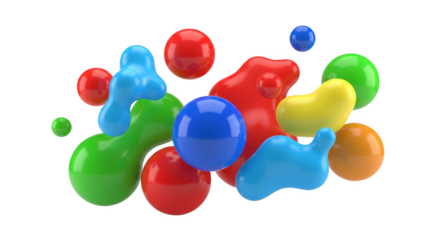 Abstract composition with multicolored liquid forms floating on a black backdrop