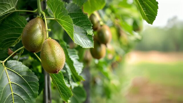A closeup of a kiwi fruit on a tree branch with green leaves. The background is blurred, suggesting a natural setting, possibly a garden or a park. The style of the image is candid.