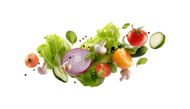 Fresh salad featuring a mix of vegetables including lettuce, tomato, cucumber, and more