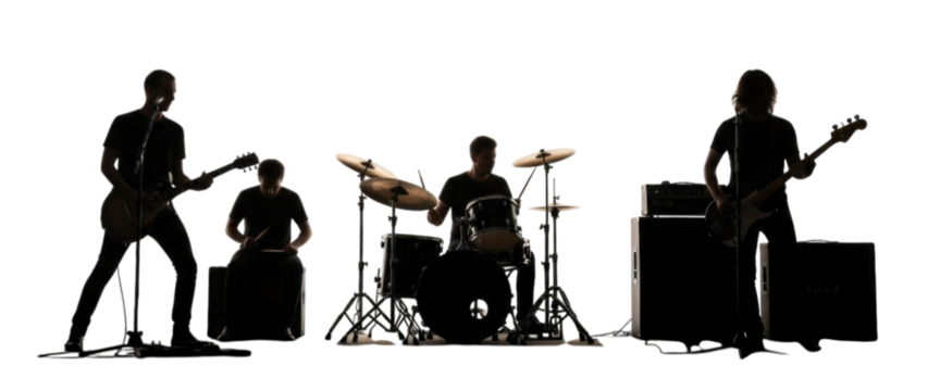 Silhouetted Rock Band with Guitarist Drummer and Bassist cutout isolated on transparent bg, png