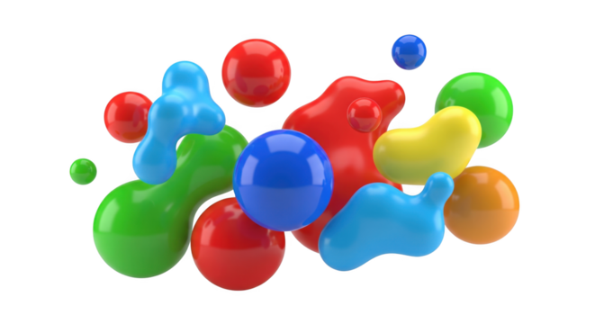 Abstract composition with multicolored liquid forms floating on a black backdrop