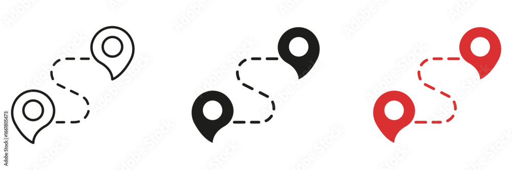 Poster location route tracker with destination pins line and solid icon set. navigation wayfinding and map 