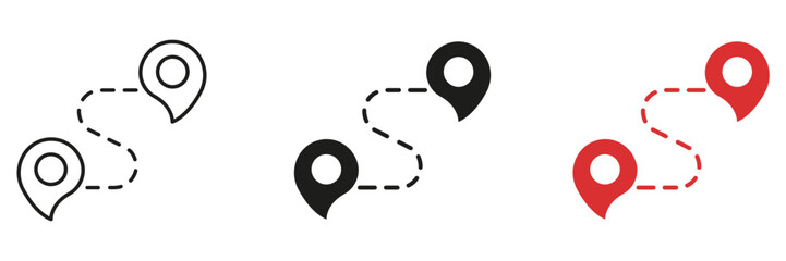 Location Route Tracker with Destination Pins Line and Solid Icon Set. Navigation Wayfinding and Map Journey Path Symbol Collection. Isolated Vector Illustration