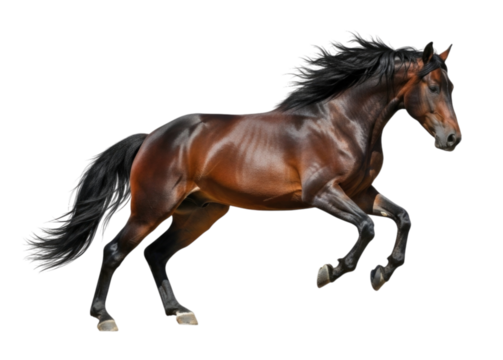 Majestic Brown Horse Trotting with Black Mane and Tail cutout isolated on transparent bg, png