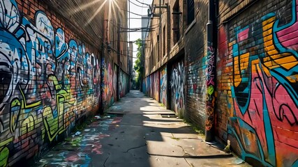Narrow urban alleyway with colorful graffiti art covering brick walls creating vibrant outdoor street culture scene - Powered by Adobe