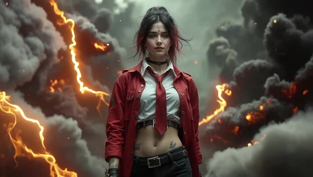 Mysterious dark fantasy woman with glowing red aura in fiery smoke background, gothic cyberpunk style art