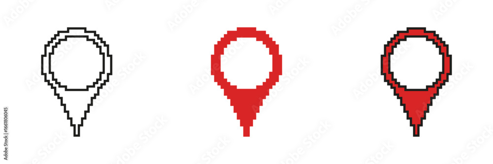 Poster rounded map marker with hollow center pixelated icon set. pixel art symbol collection of destination