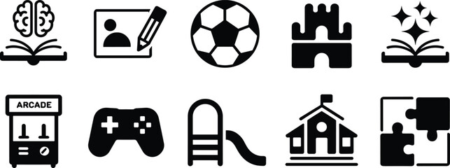 Flat vector illustration, education school icons, creative learning, childhood activities, sports and games, puzzle play, knowledge and imagination development