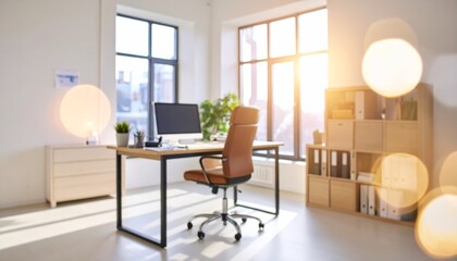 Fototapeta premium Abstract blurred home office interior room. blurry working space