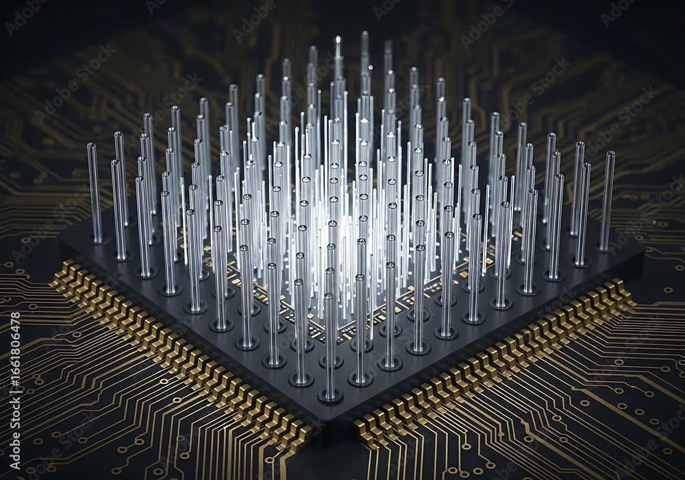 Aufkleber closeup of a futuristic computer processor chip with many pins on a circuit board