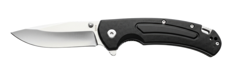 Open Tactical Folding Pocket Knife with a Black Handle cutout isolated on transparent bg, png