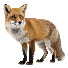 Fototapeta premium Red fox standing isolated on white background, wild animal in natural pose