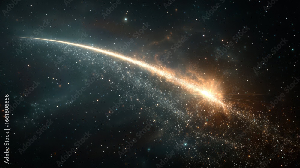 Poster glowing comet with bright tail crossing cosmic background in space