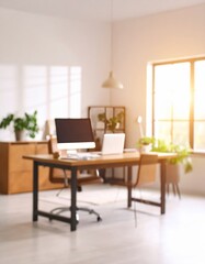Fototapeta premium Abstract blurred home office interior room. blurry working space