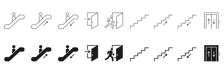 Escalator, Door, Stairs and Elevator Direction Icons. Navigation And Movement Symbols For Public Spaces. Accessibility And Wayfinding Signage Collection. Isolated Vector Illustration © Toxa2x2
