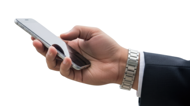 Hand of a Man in a Suit Holding a Smartphone with a Silver Watch cutout isolated on transparent bg, png