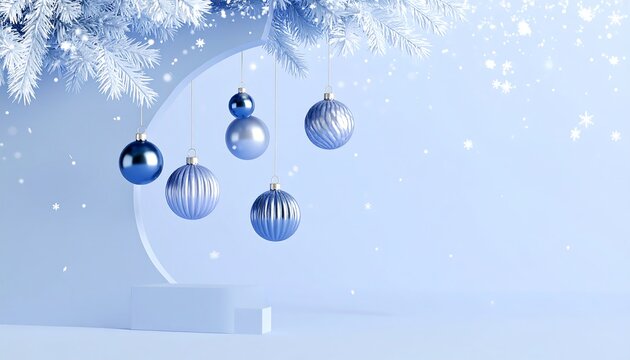 Elegant Christmas Ornament Display with Blue Baubles and Snowy Pine Branches