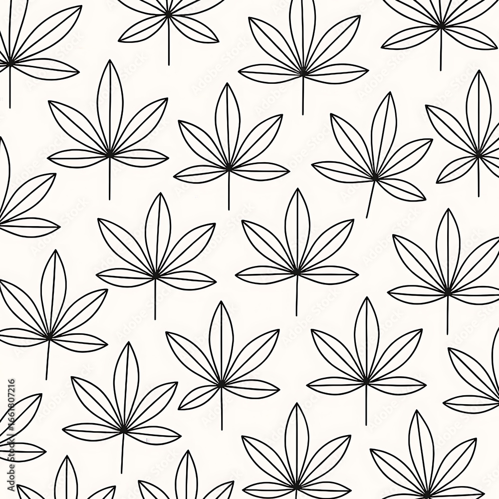 Poster a repeating pattern of simple, black line drawings of seven-pointed leaves on a white background.