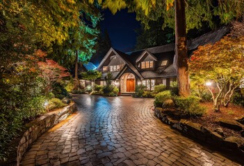 Obraz premium Elegant House Exterior At Night With Festive Lighting