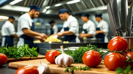 Group of professional chefs preparing food together in busy restaurant kitchen with fresh vegetables and herbs