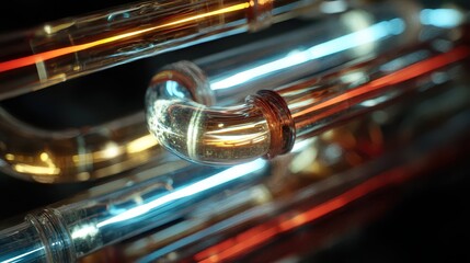 Naklejka premium Glowing Transparent Liquid Inside Pipes with Colorful Light Reflections