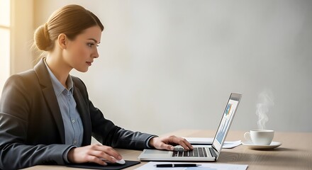Professional young businesswoman in a suit concentrating while working on a laptop at an office desk.
