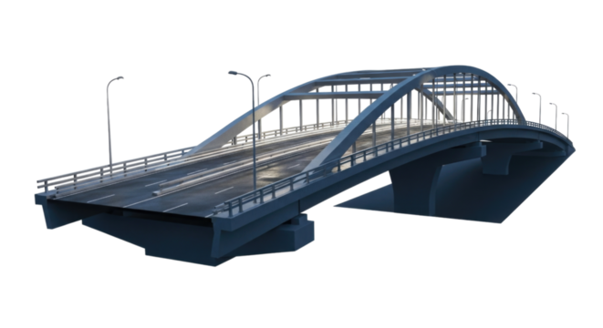 Large Arch Bridge with Roadway and Streetlights cutout isolated on transparent bg, png