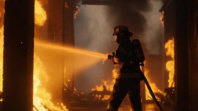 A Firefighter with a Hose Extinguishing a Fire
