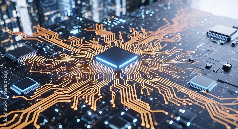 Poster closeup of a glowing central processor on a complex electronic circuit board