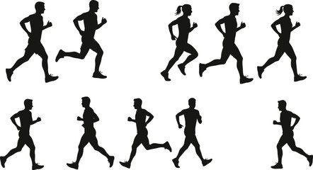 Vector silhouettes of men and women jogging, running, fitness training, cardio workout, healthy lifestyle, sport activity, black silhouette art