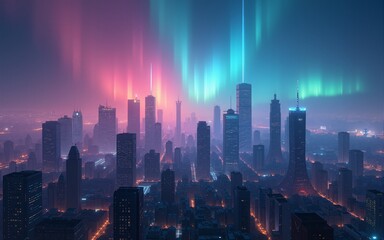 Fototapeta premium Digital city skyline illuminated by ethereal auroras showcasing the mesmerizing interplay of colors and lights creating a dreamlike urban landscape rich in visual depth and intrigue. High quality