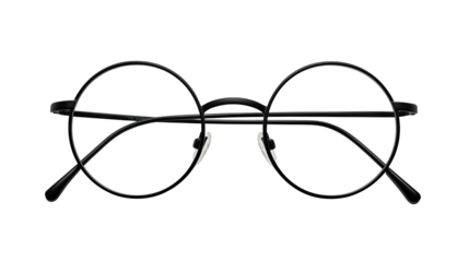 Minimalist black rounded eyeglasses with thin frame isolated on clean white background optical fashion accessory