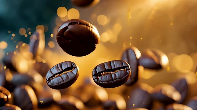 Roasted coffee beans floating in air with golden sunlight background showing aromatic energy and morning freshness