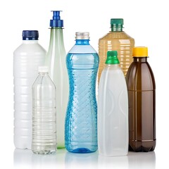Ssorted plastic bottles in various colors and shapes for water and other liquid storage solutions on white background