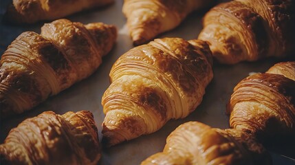 Medium format 80mm lens, crisp detail on flaky layers of croissants, warm sunlight enhancing baked golden tones