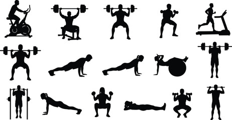 Vector silhouettes of men and women performing fitness training, gym workout, weightlifting, push-ups, cardio, squats, and strength exercises