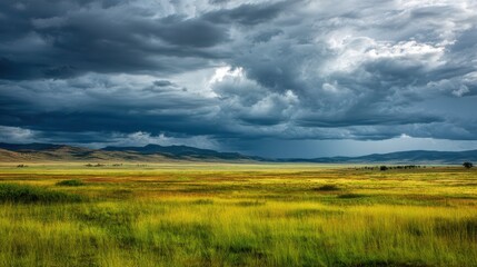 Obraz premium Grassy Plain Under Dramatic Storm Clouds with Distant Building