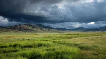 Grassy Plain Under Storm Clouds with Scenic Mountain Backdrop