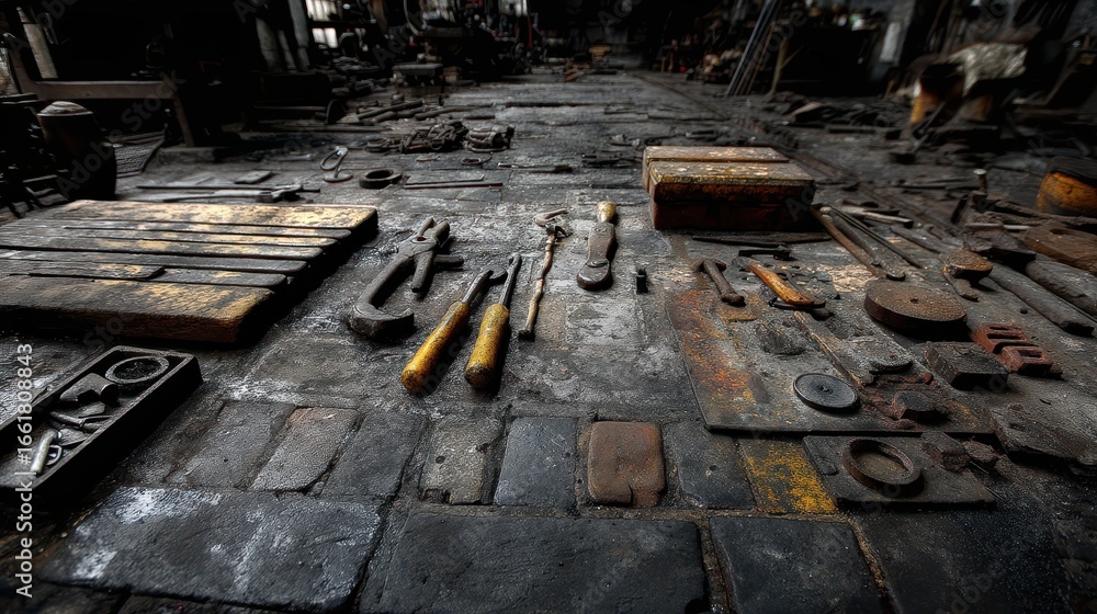 Poster gritty factory floor with tools and equipment on rustic surface