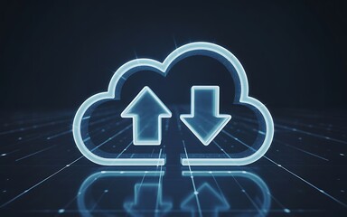 Glowing blue cloud icon with upload and download arrows on a dark digital background