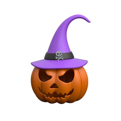 Halloween pumpkin with witch hat and spooky carved face.