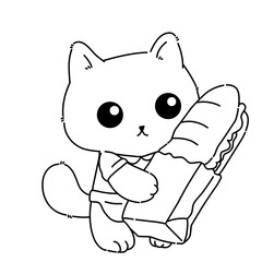 Cat holding baguette sandwich vector line art outline illustration.