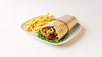 Grilled chicken wrap stuffed with vegetables, served with a generous portion of golden French fries on a white plate. Perfectly lit and isolated on white background, ideal for fast food menus and deli
