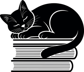 Black cat sleeping on stack of books cozy and peaceful kitten dreaming on literature in monochrome illustration