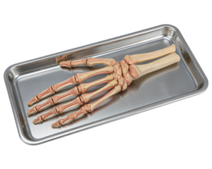 Human hand skeleton model on silver tray, anatomical bones display for medical study, isolated on transparency background, educational and clinical concept