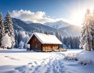 Snowy mountain cabin bathed in sunlight